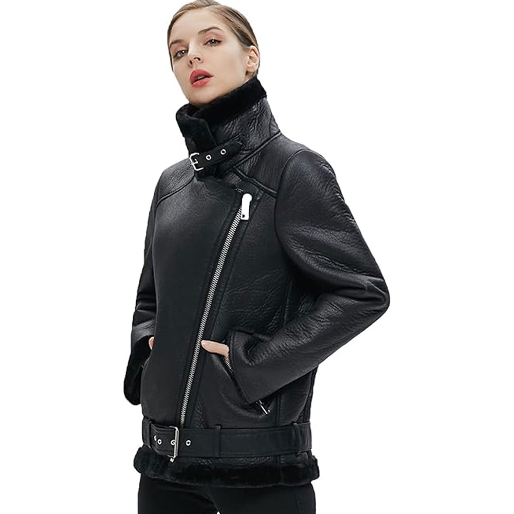 Women's Faux Shearling Moto Jacket Thick Lined Winter Parka Coat Warm Cotton Lining Knitted Breathable Stylish Leather Look