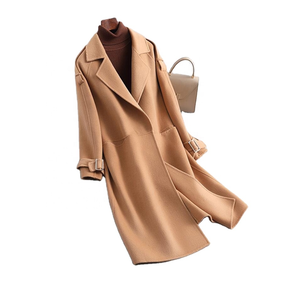2023 Double Breasted Camel Cashmere 100% Wool Coat Casual Outwear Ladies Wool Overcoat
