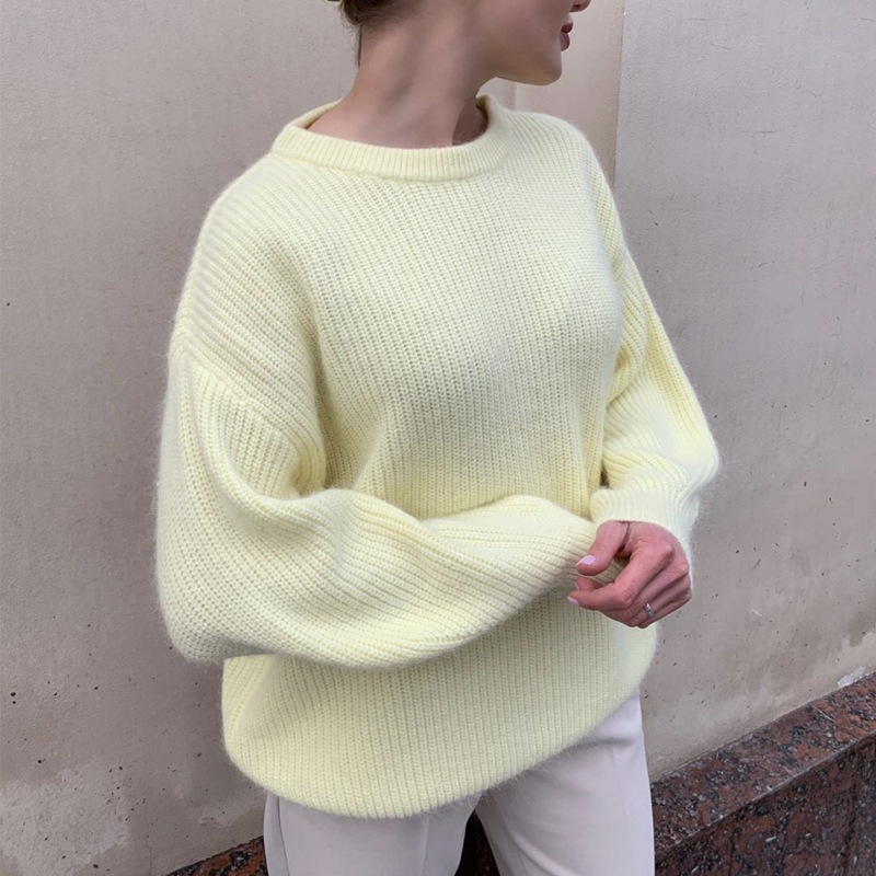 Autumn Winter Korean Style Acrylic Sheep Velvet Thick Solid Color Women's Sweater Lazy Loose Super Soft Knitted Top Front