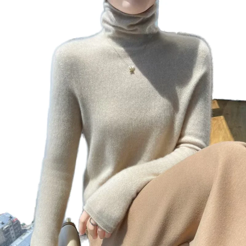 Women's Casual Seamless 100% Wool Thin Turtle Neck Base Layer High Quality Full-Fashioned Knitwear Thermal Shirt Winter