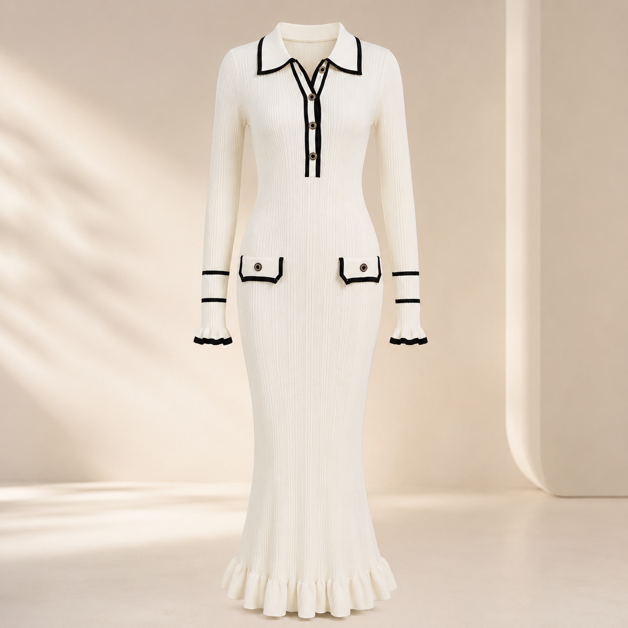 Custom Winter Custom Pleated Ribbed High-Waist Elegant Women's Long-Sleeve Knit Long Sweater Dress