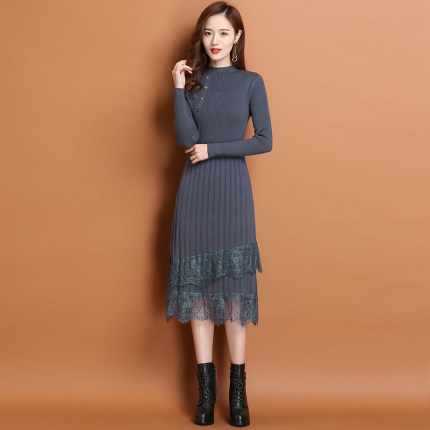 Knitted Dress for Women, Autumn and Winter New Lace Long Inner Layer, Bottom Woolen Skirt Over the Knees