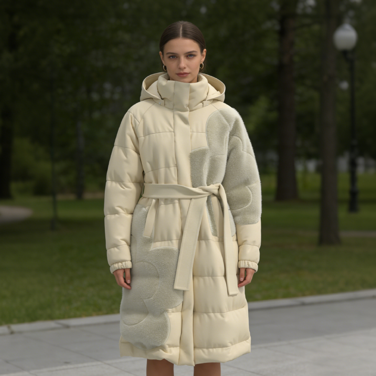 Women's Hooded Long Winter Down Jacket 90/10 White Duck Down Filling Sorona Agile Fabric Belted Puffer Coat