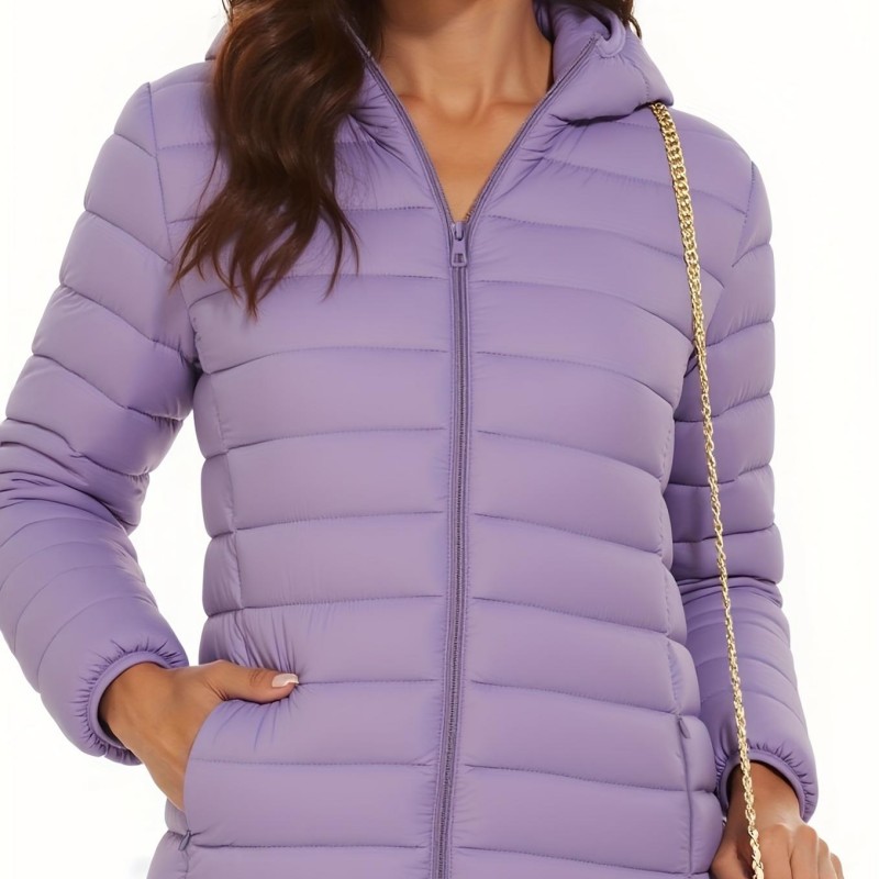 Women's Regular Fit Quilted Hooded Jacket, Woven Polyester Padded Coat for Fall Winter Season