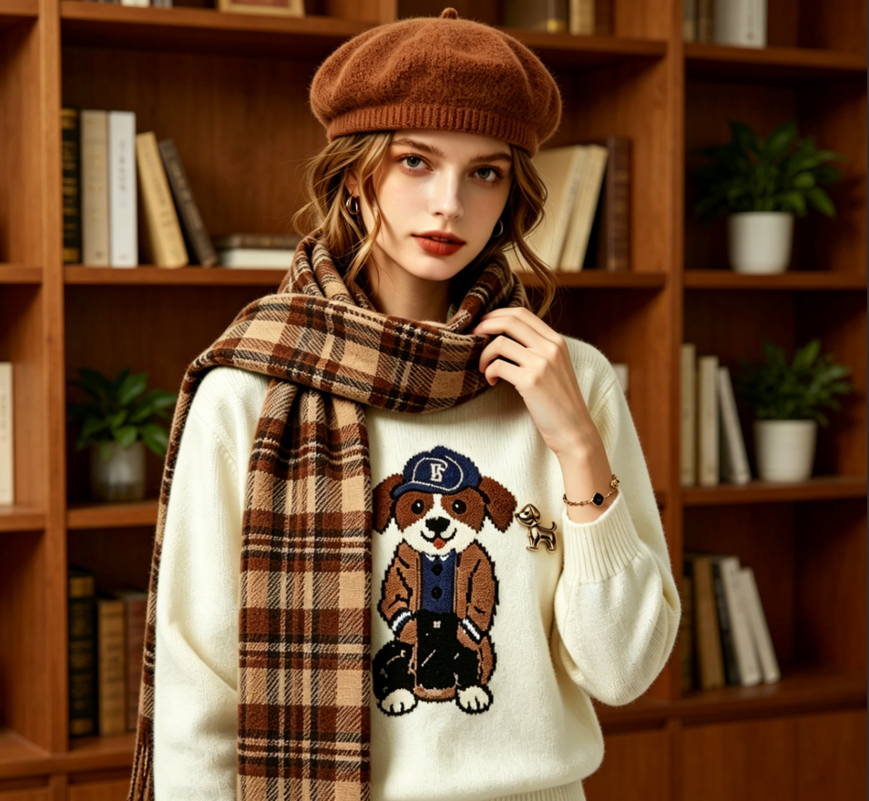 Hot Selling Custom Women's Cotton Knitted Sweater Crew Neck Ribbed Jacquard Pattern Casual Winter Long Sleeve Wool Pullover