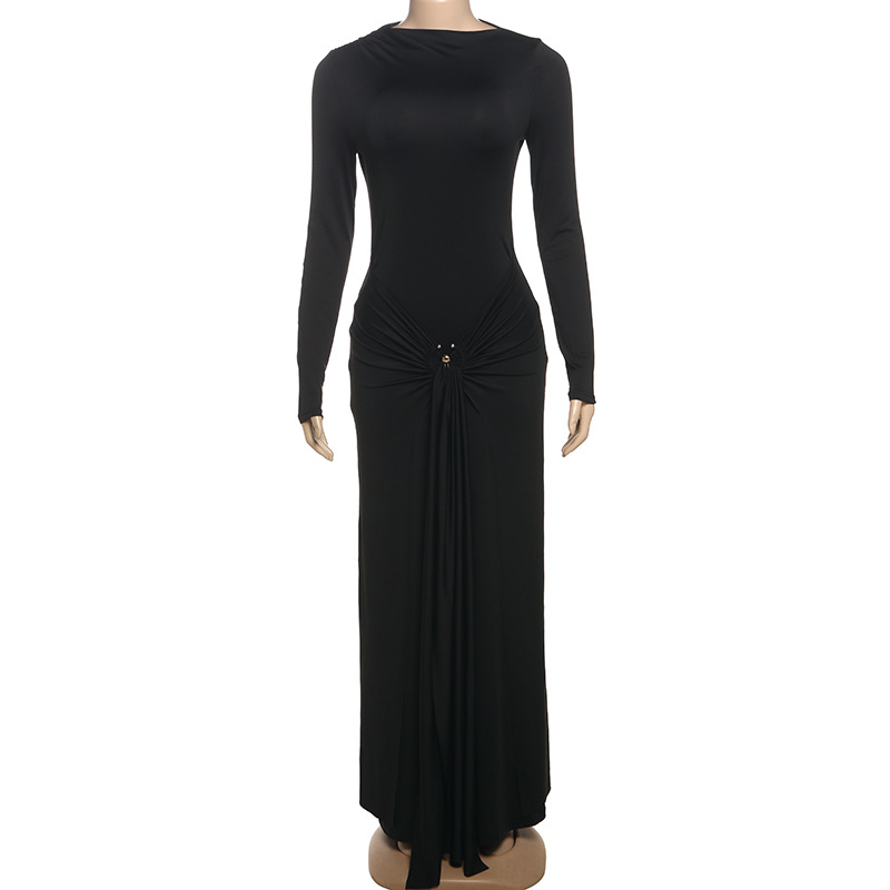 Winter Autumn Pure Color Elegant Long Sleeve Decorative Buckle Strap Casual Culb Party Bodycon Dresses Long Dress Wome