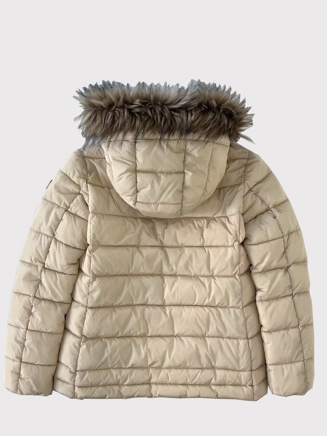 Light Beige Hooded Classic Women's Polyester Trench Parka with Detachable Faux Fur Collar Winter