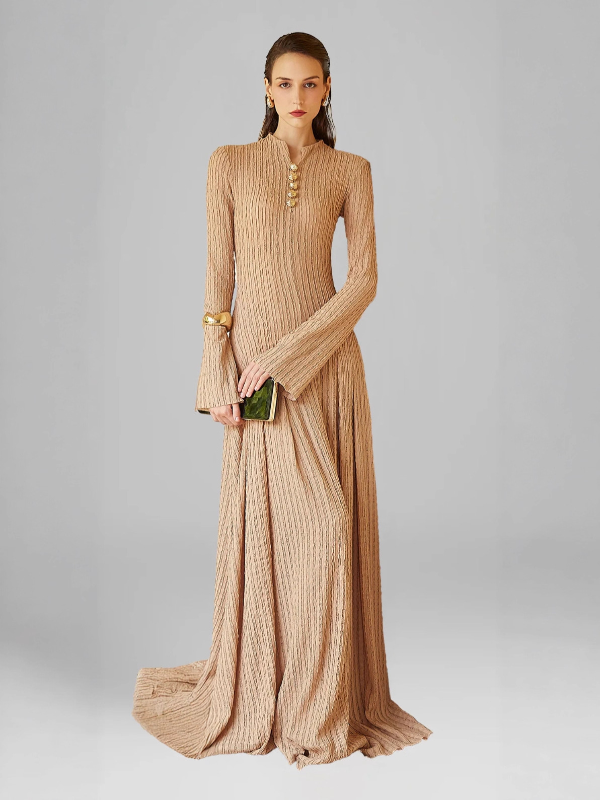 New Design Women's Autumn Winter Dress Round Neck Long Sleeve Camel Long Dress