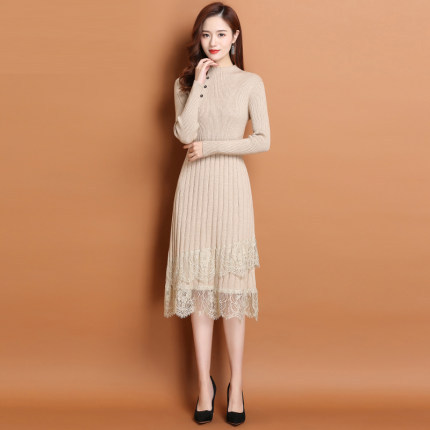Knitted Dress for Women, Autumn and Winter New Lace Long Inner Layer, Bottom Woolen Skirt Over the Knees