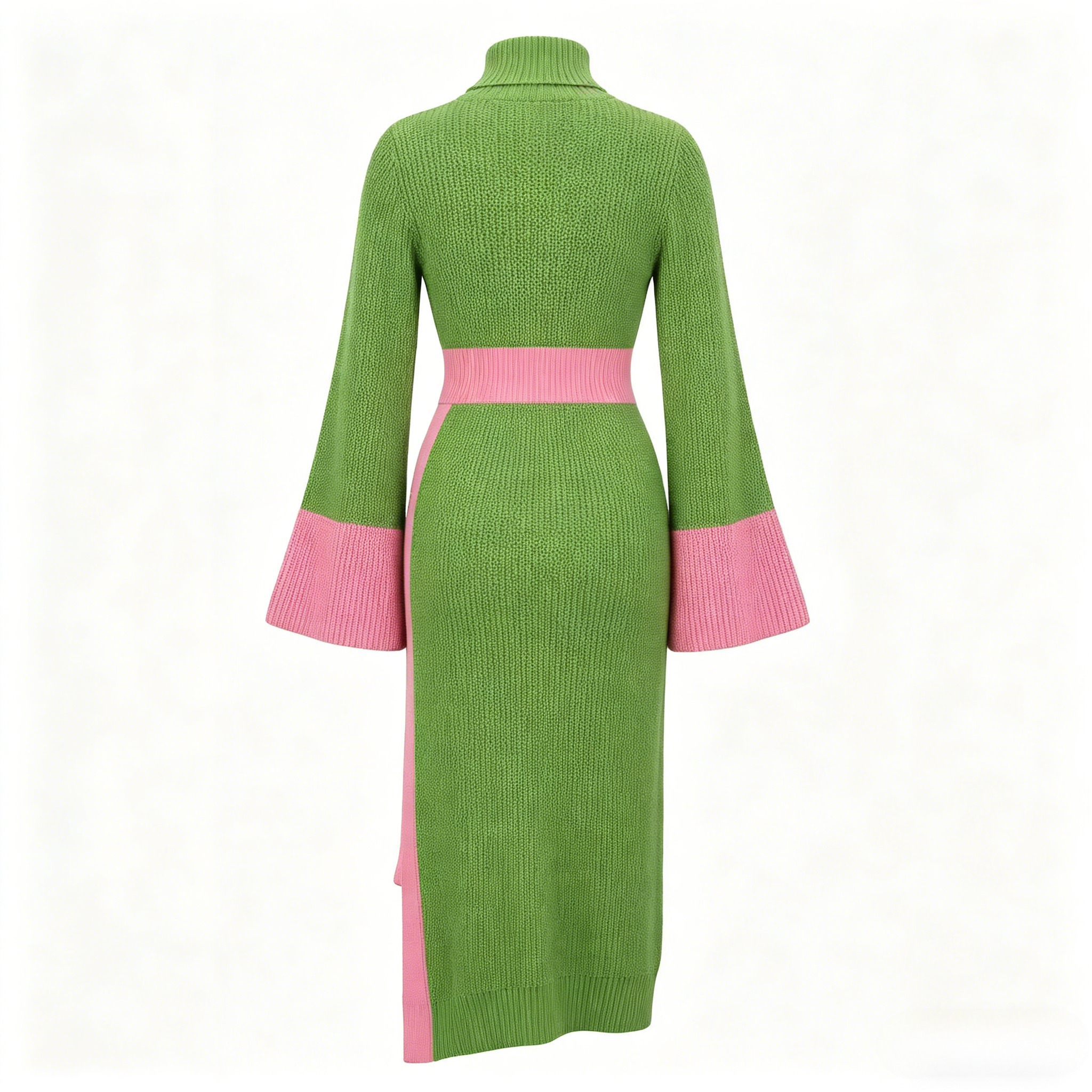 Winter Women's Knitwear High Neck Flare Sleeve Color Block Knit Dress Asymmetrical Hem Letter Embroidered Bodycon Sweater Dress