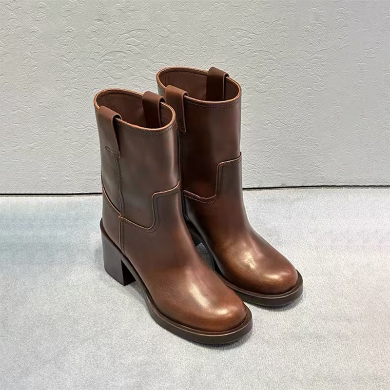 Manufacturer Winter Cowboy Wide Shaft Ladies Heel Boots Fashion Round Toe Vegan Leather Block Heel Women Mid Calf Western Boot