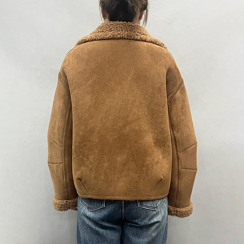 Wholesale Custom Warm Turn Down Collar Lamb Shearling Fur Coats High Quality Faux Suede Leather Jackets for Women