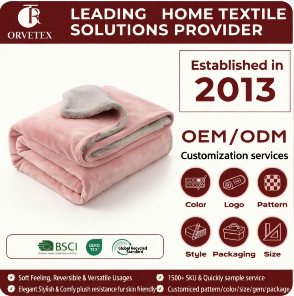 Orvetex Factory Wholesale Luxury Premium Plush Suitable For Winter Washable Double-layer Solid Faux Rabbit Fur &amp; Flannel Blanket