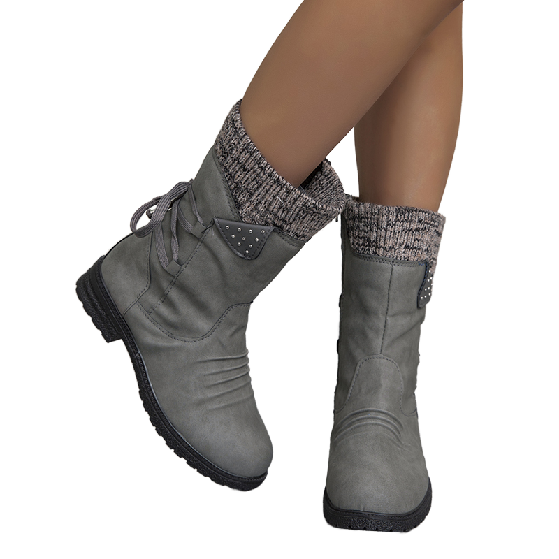 Women's Black Ankle Leather Boots Thick Heel Fashionable Autumn Snow Shoes Zip Closure Waterproof Lightweight Comfortable
