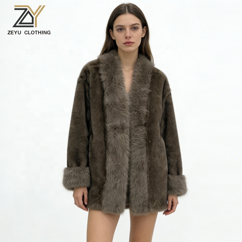 Zeyu Women's Luxury Eco-friendly Faux Fur Coat Woven Single Breasted Fur Collar Cuff Warm Winter Outerwear Hooded Thick ODM /