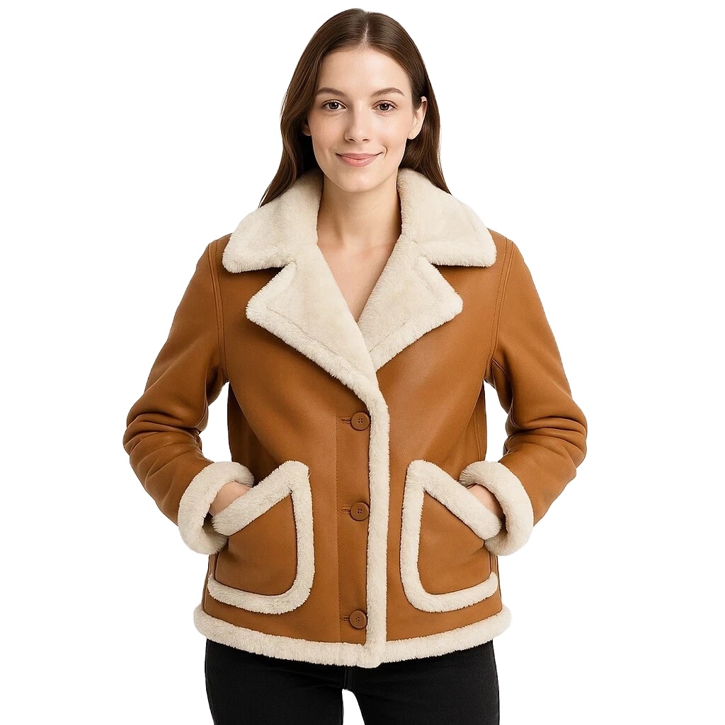 Women's Genuine Sheep Leather RAF Bomber Jacket with Knitted Fake Fur Shearling Dyed Customized Color &amp; Logo