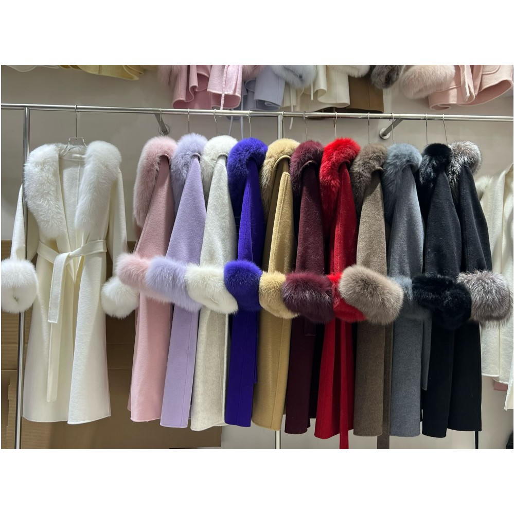 RXFurs Autumn Winter Thick Warm Elegant Long Style Fancy Design Big Fox Fur Collar Women 100% Wool Overcoat Cashmere Fur Coat