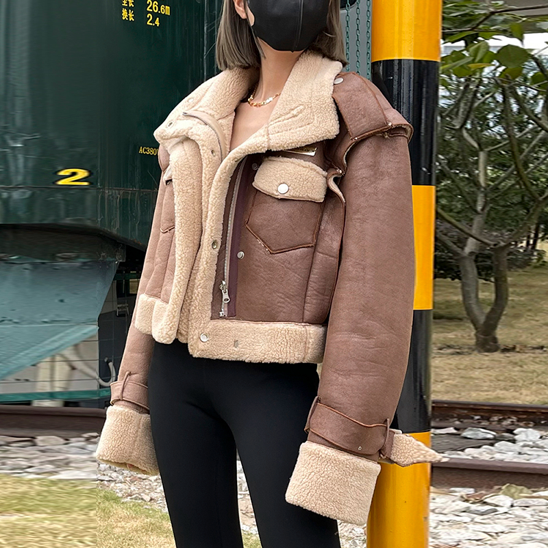 Plus Size Vintage Lady Faux Leather Polar Fleece Fur Shearling Sherpa Oversized Women's Cropped Coat Motorcycle Biker Jacket