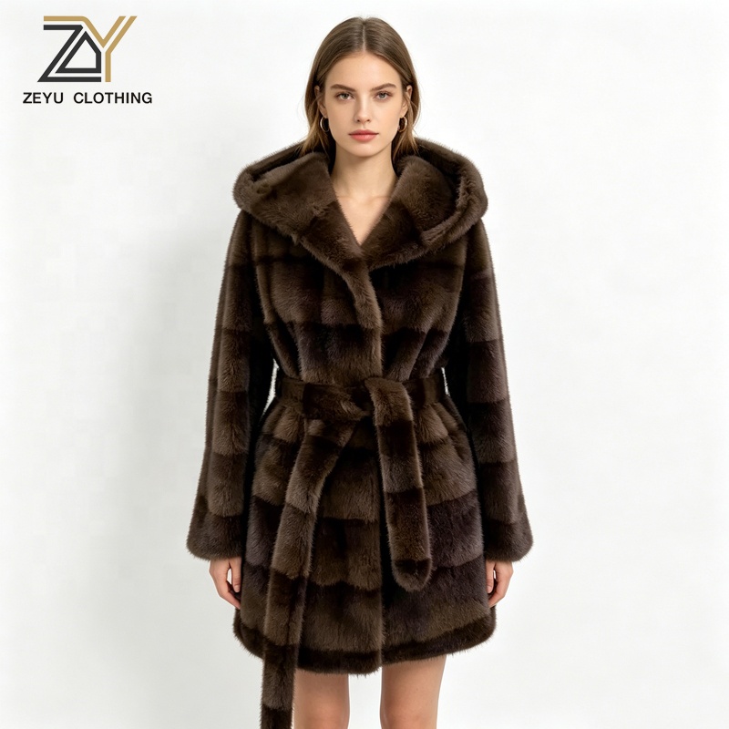 Zeyu Winter Ladies Hooded Faux Fur Mid-Length Woven Elegant Coat With Thick Fluffy Waist Belt ODM