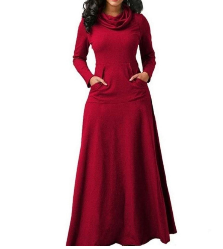 Autumn and Winter Clothing Women Dresses Stacked Collar Long Sleeves Maxi Dress With Pocket