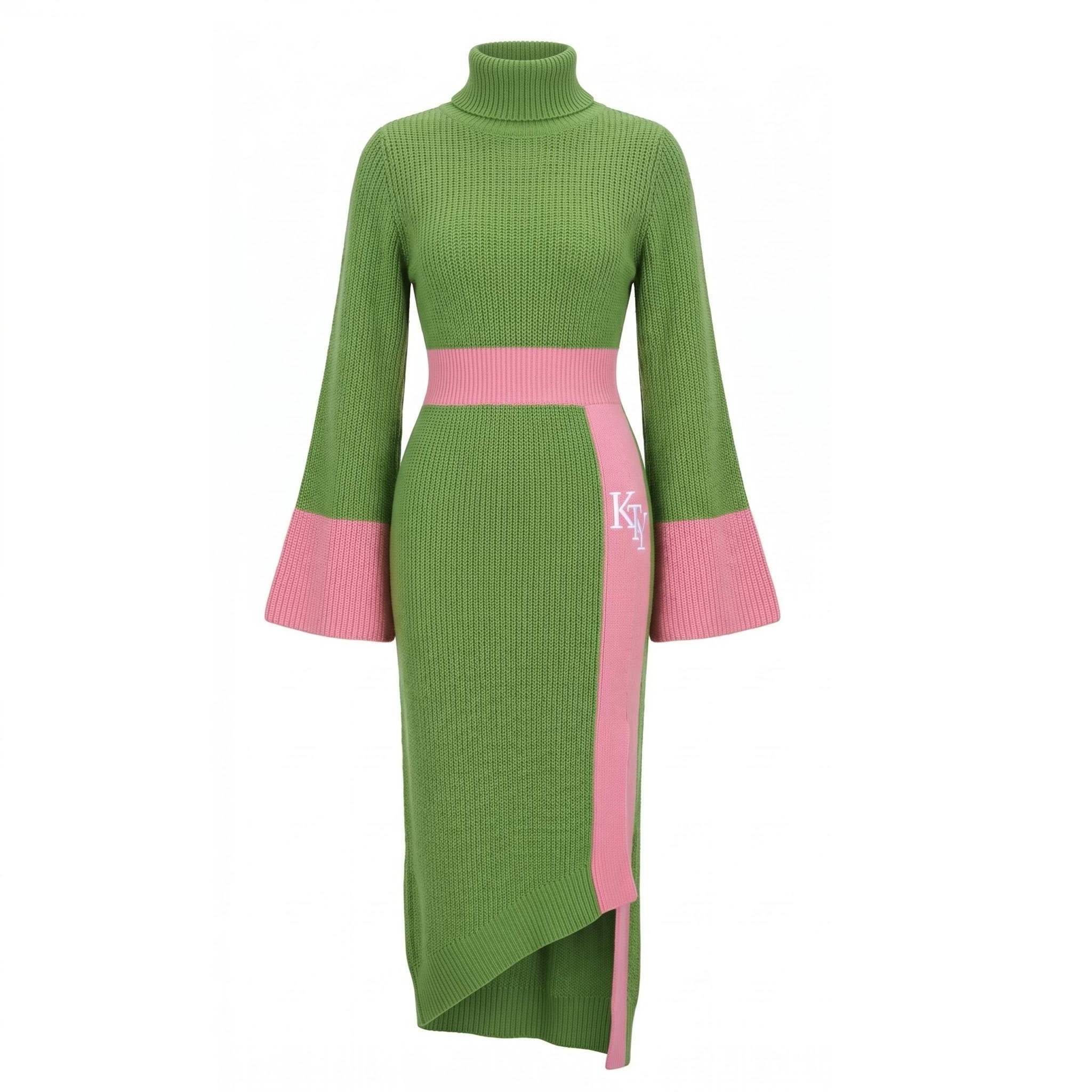 Winter Women's Knitwear High Neck Flare Sleeve Color Block Knit Dress Asymmetrical Hem Letter Embroidered Bodycon Sweater Dress