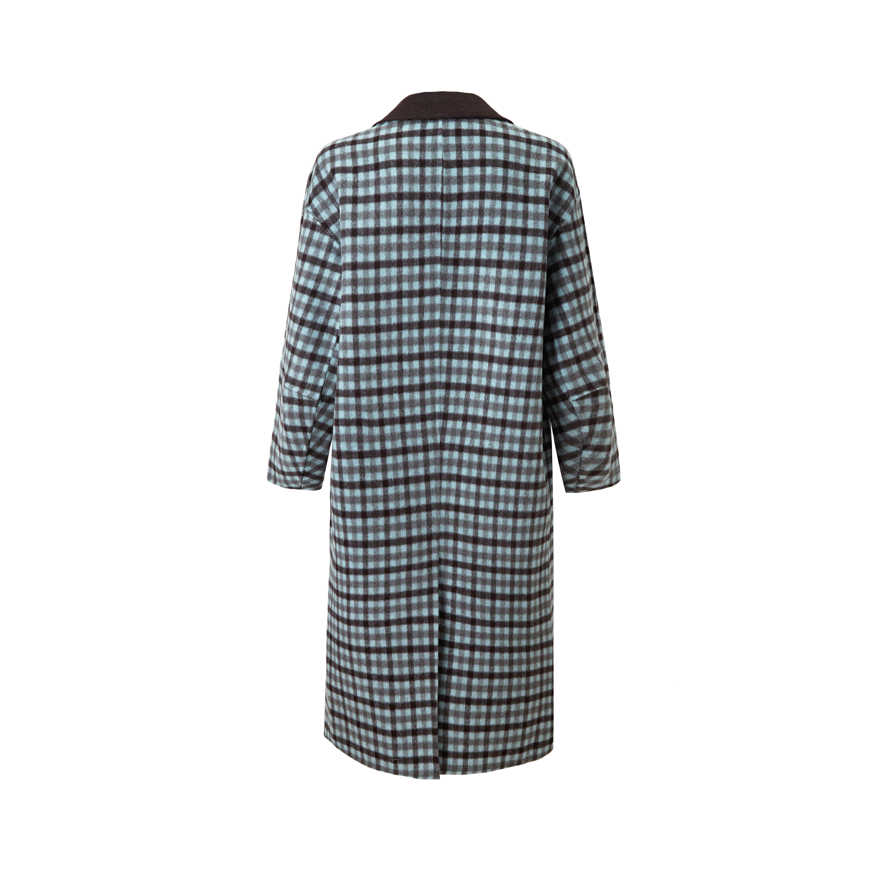OEM&amp;ODM Women's Wool Cashmere Blend Blue Brown Plaid Overcoat Contrast Lapel Double-Breasted Full-Length Loose Winter Reversible