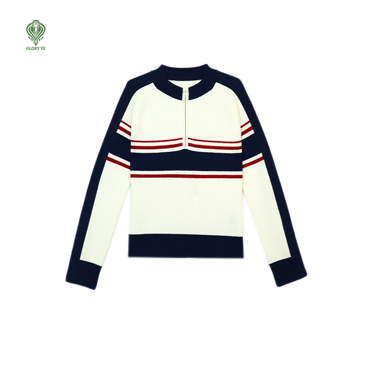 Wholesale Custom Retro Long Sleeve Crewneck Half Zip Unisex Active Wear Ski Striped Plain Wool Women's Knitted Pullover Sweater
