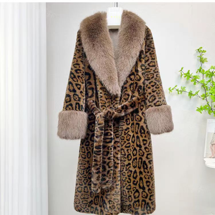 Ladies Over-knee Faux Mink Fur Coat, Shearling Integrated with Fox Fur Collar European Velvet Fur Outerwear