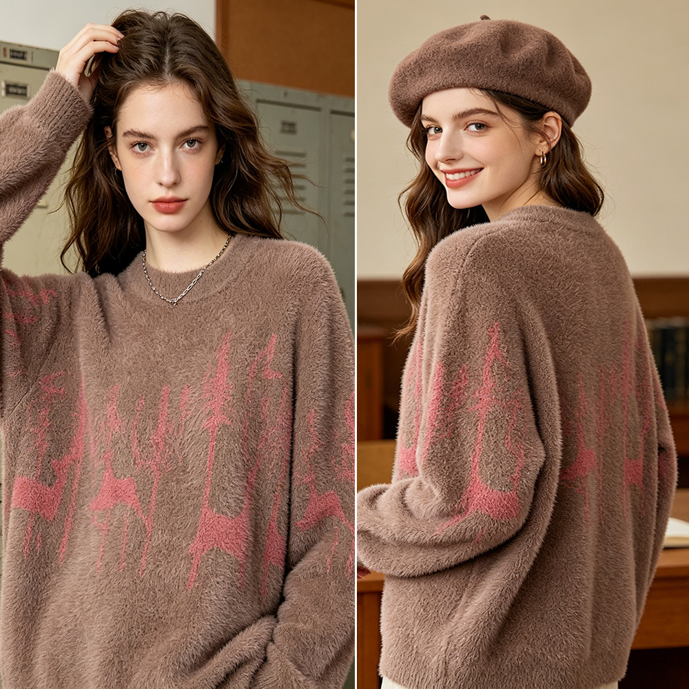 Hot Selling Custom Women's Cotton Knitted Sweater Crew Neck Ribbed Jacquard Pattern Casual Winter Long Sleeve Wool Pullover