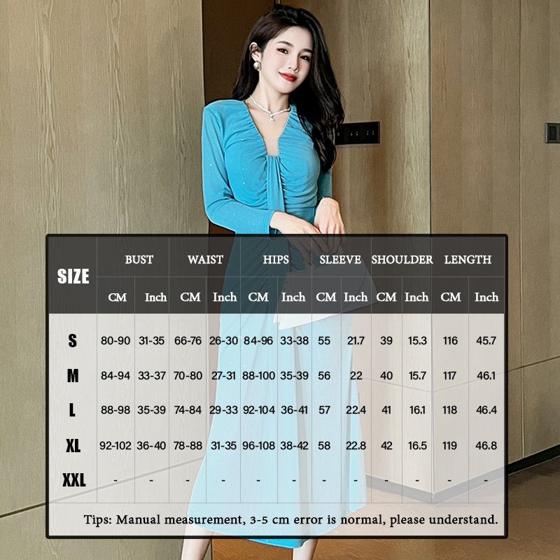 ZYHT 10945 Sky Blue Pleated Skinny Women's Casual Dress Ruched Waist Double Layer Female Flared Long Dress