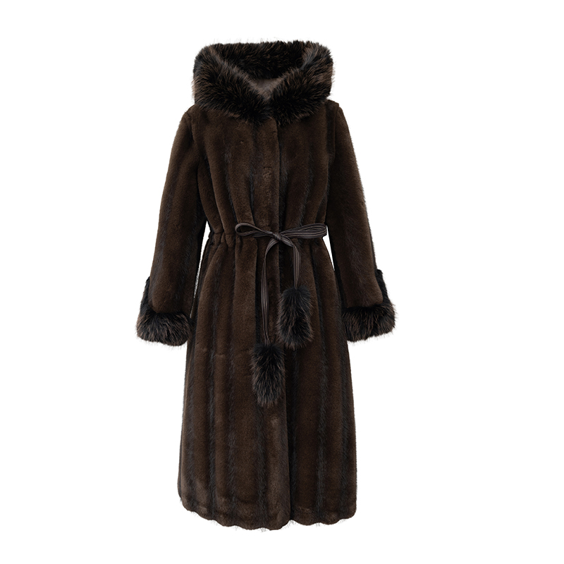 Long Black/Brown Winter Coat for Women Lady's Faux Fur Hood Overcoat with Tassel Decoration and Big Collar Warm