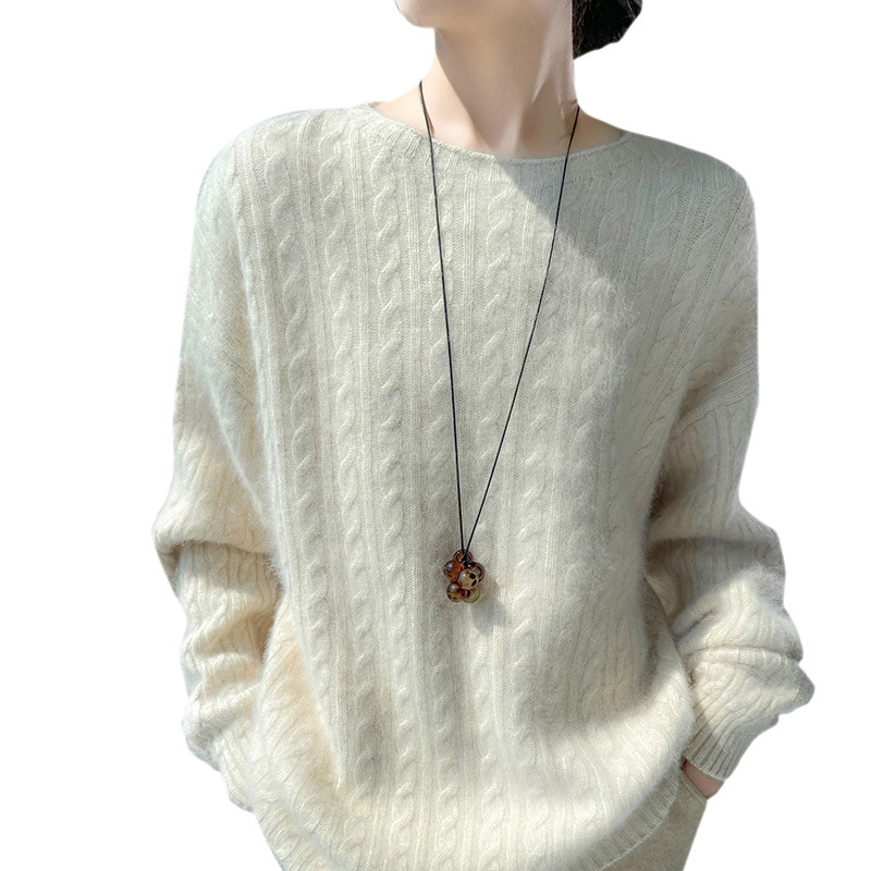 Autumn Winter New Women's Loose-Fitting Round-Neck Cable-Knit Thick Short Solid Color Wool &amp; Mink Velvet Korean Sweater Pullover