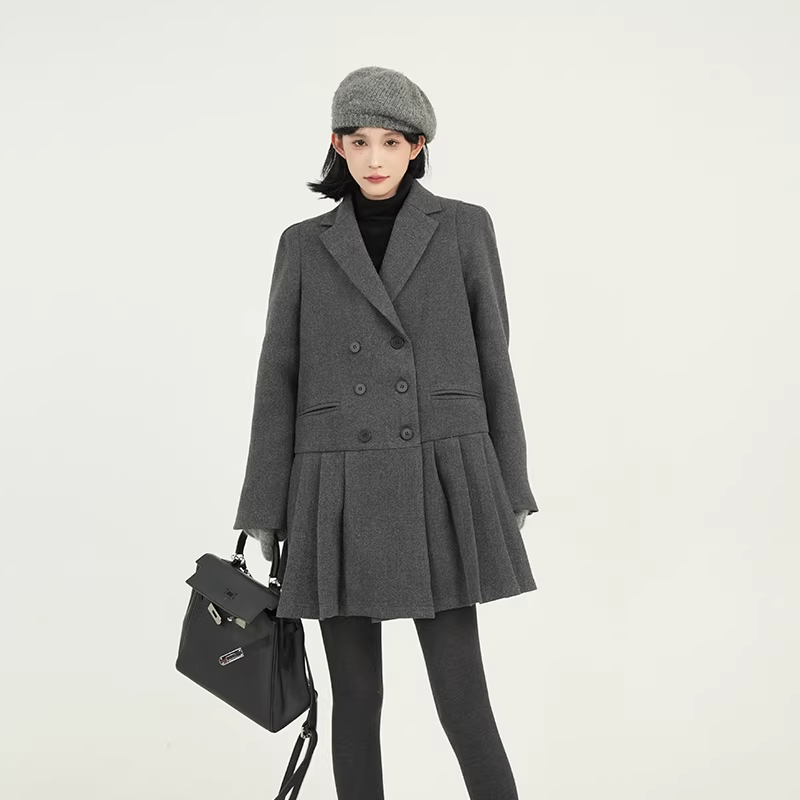 Grey Thickened Lapel Long-sleeved Suit Dress for Women, Autumn and Winter, Korean Design Sense, Loose Woolen Short Skirt