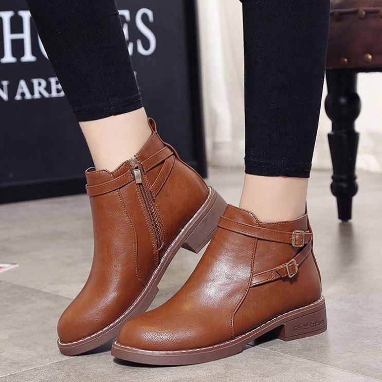 Autumn and Winter New Low-heeled Belt Ankle Large Size Leather Women's Boots Wholesale Ankle Boots Low Heel