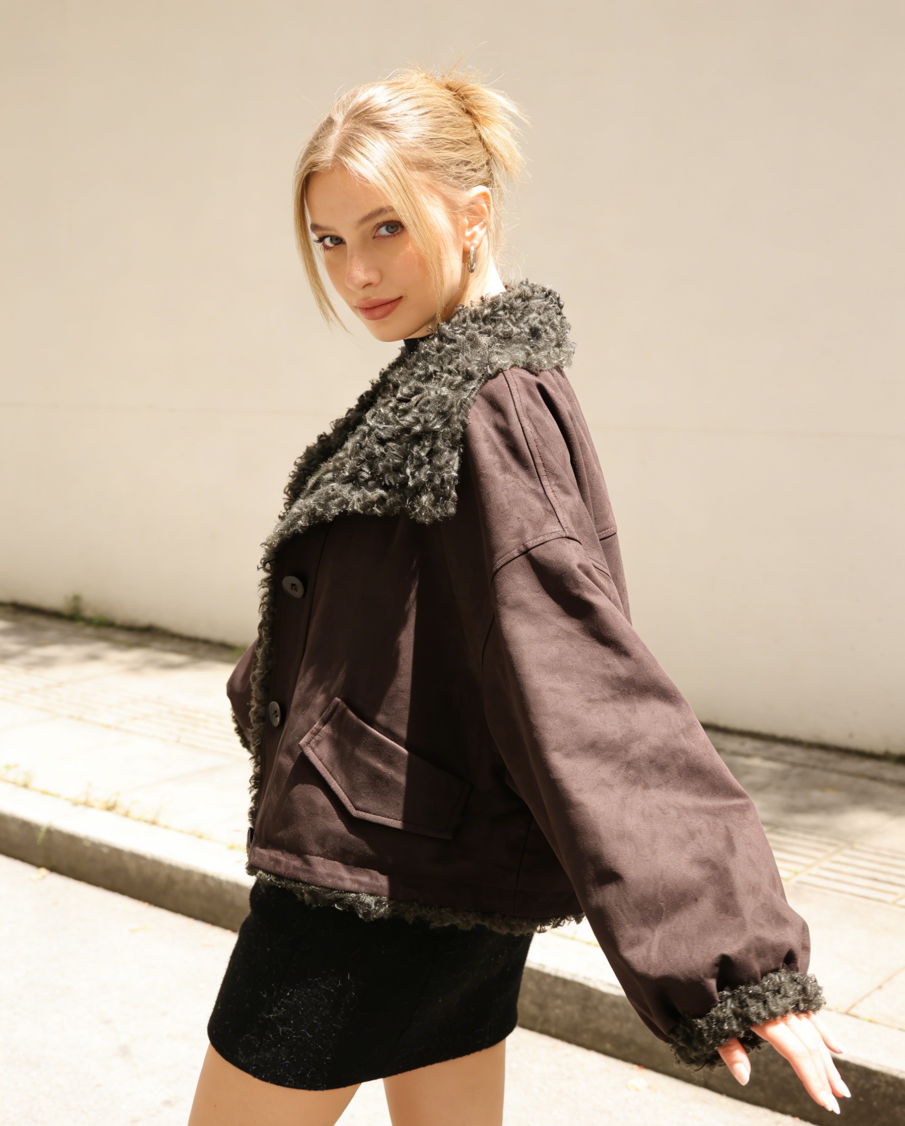 Women's Winter Faux Shearling Jacket, Brown Faux Fur Lined Faux Suede Coat, Warm Oversized Aviator Jacket with Button Detail