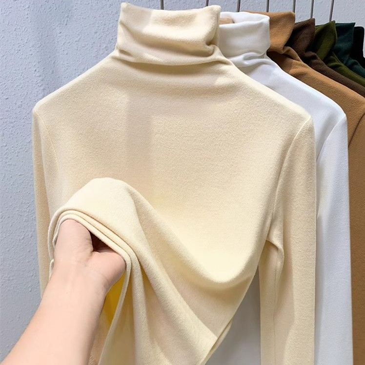RUICHI 230GSM 1*1 Rib German Velvet Women's Thermal Top, Turtleneck Solid Color Brushed Blank Base Layer T-Shirt