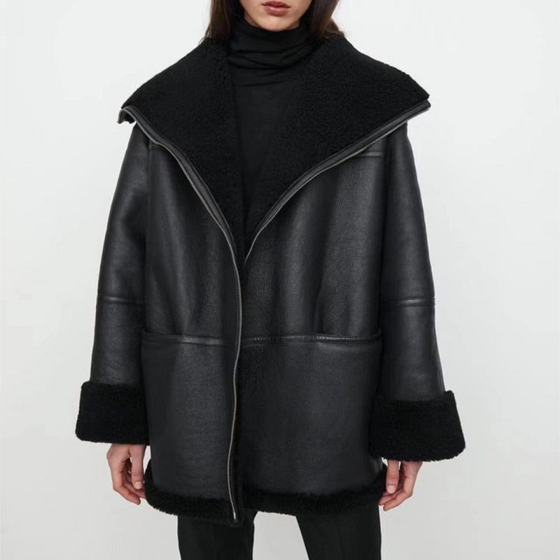 OEM Designer Quilted Shearling Jacket Women High Quality Oversize Faux Leather Fur Big Turn-down Collar Plain Dyed Cotton