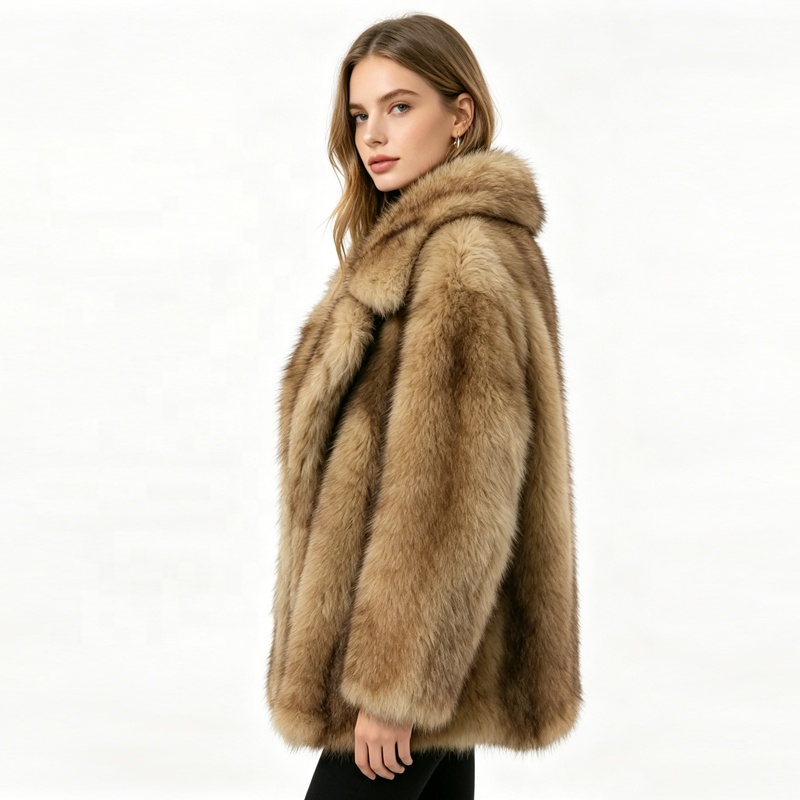 Zeyu Luxury Gradient Brown Faux Fox Fur Coat For Women Turn-down Collar Regular Length Winter Warm Eco-friendly Windproof Button