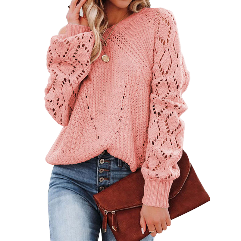 Women's Plus Size Casual Pullover Sweater Tops Breathable Merino Wool Knit Cardigan Long Hollow Sleeves for Winter Solid Color
