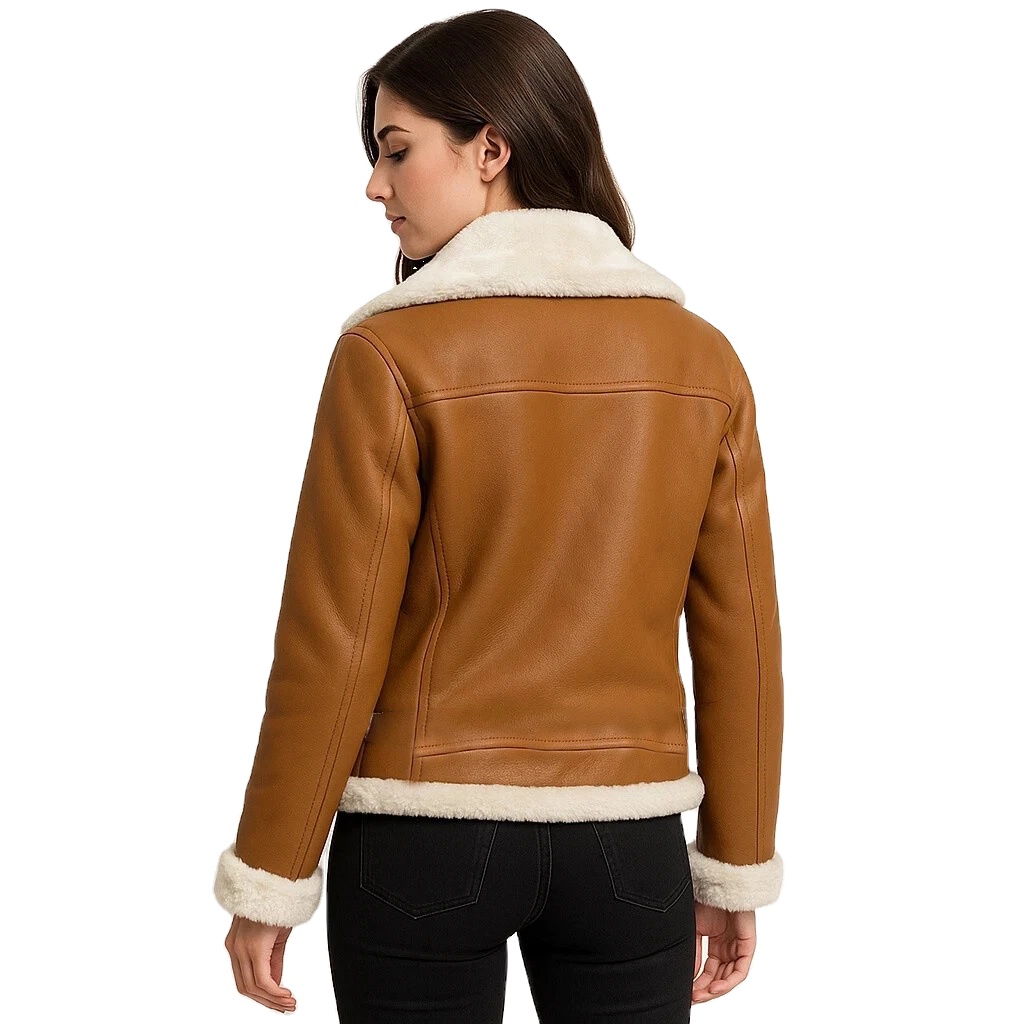 Women's Genuine Sheep Leather RAF Bomber Jacket with Knitted Fake Fur Shearling Dyed Customized Color &amp; Logo
