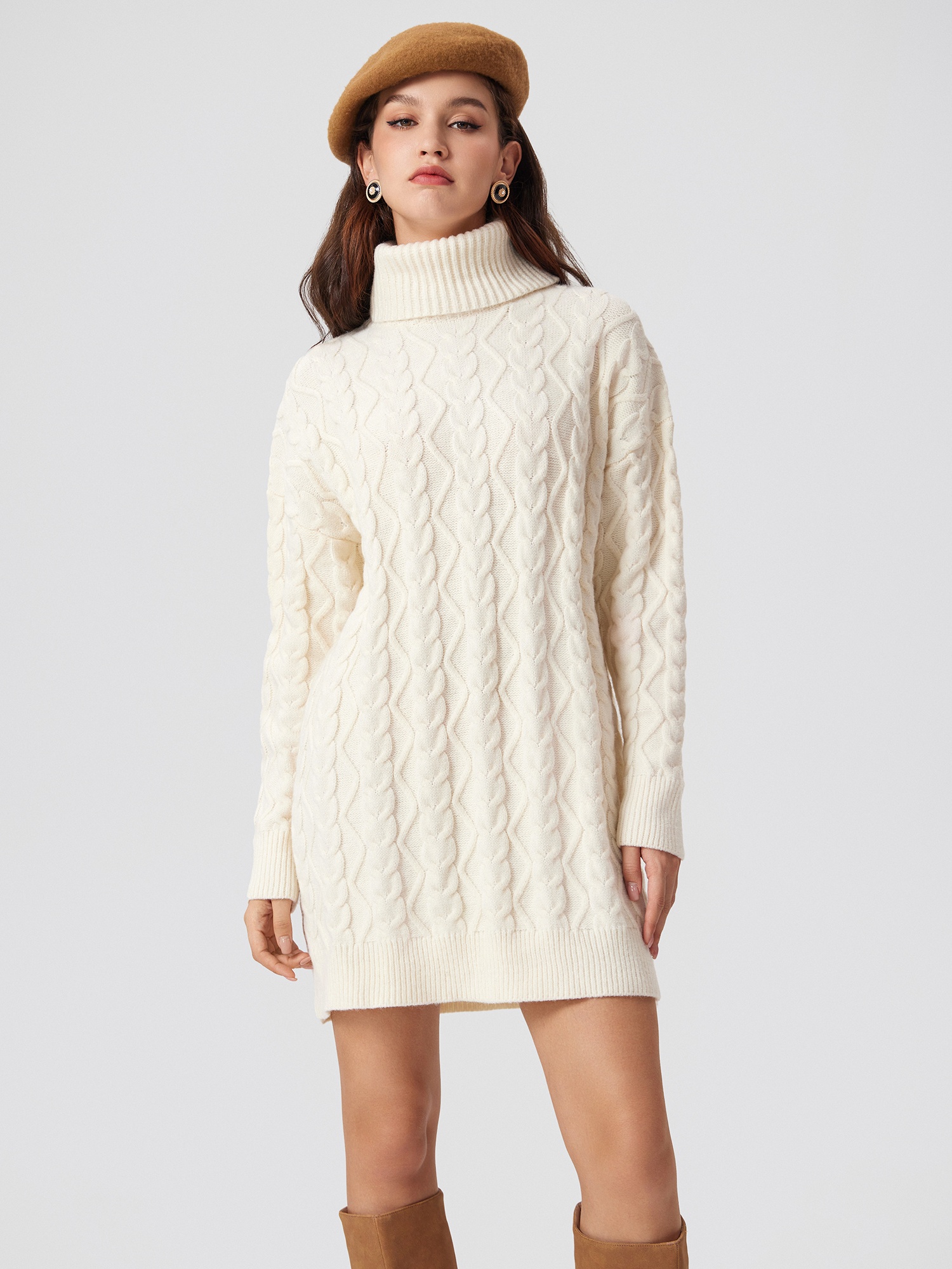 Women's Vintage Elegant Cable Knit Sweater Dress Autumn Winter Crew Neck Mini Dresses Long Sleeve Slim Fit Breathable Polyester