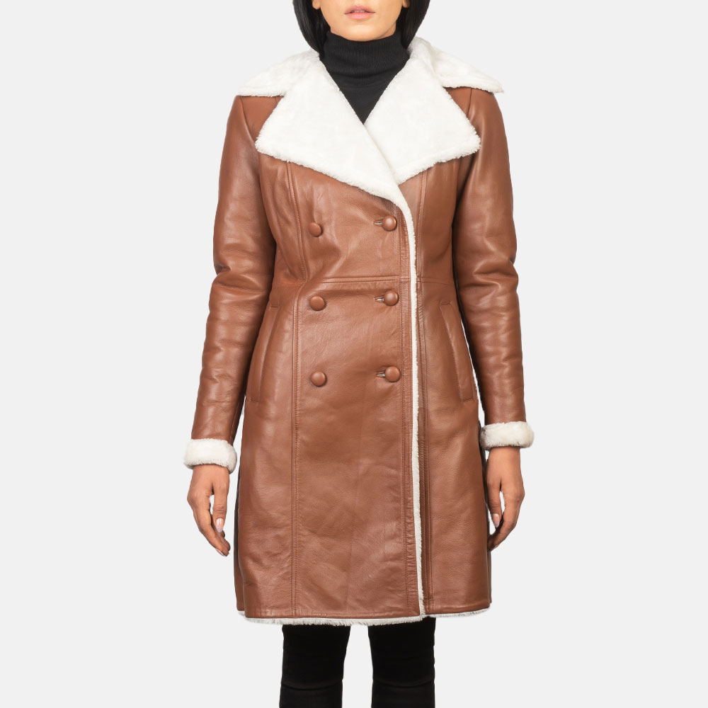 Women's Brown Double Breasted Shearling Coat genuine Winter Warm Faux Fur Lined Long Jacket Lapel Collar Button Closure