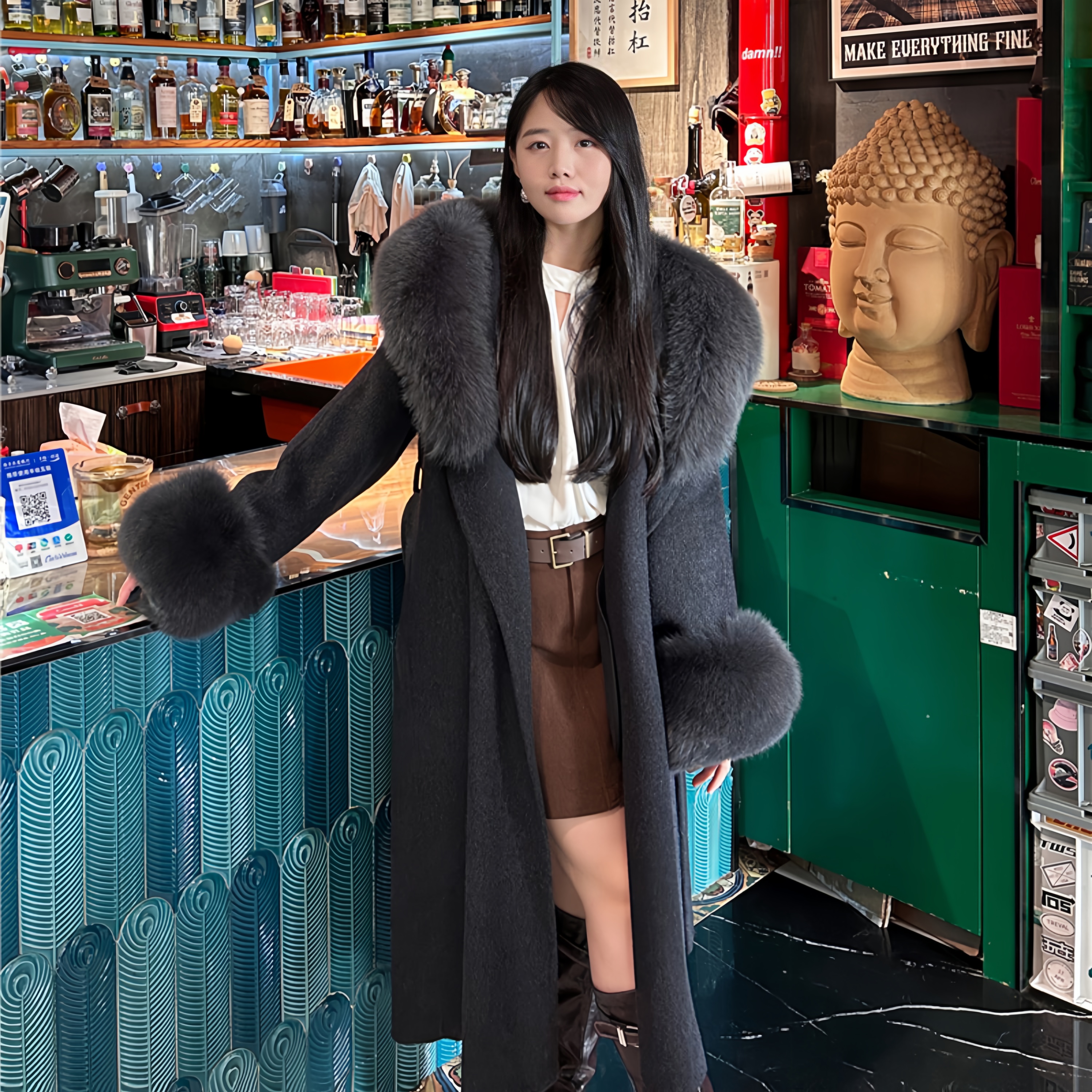 Design Women's Double-Faced Natural Wool Cashmere Winter Coat Real Oversized Fox Fur Collar Long Trench Overcoat Festival Party