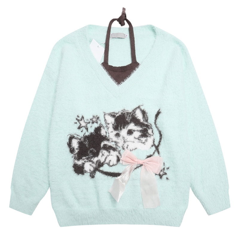 Joychuang Women's American Lazy Style Knitted Top with Neck Strap Unique Design Sweet Loose Fit Sweater