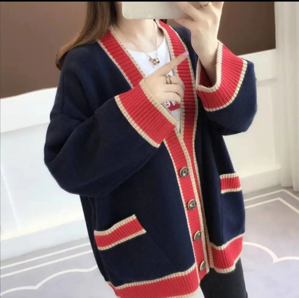Fashion Stripe Wool Sweater Women's Winter Long Sleeve V-neck Casual Knitwear Coat