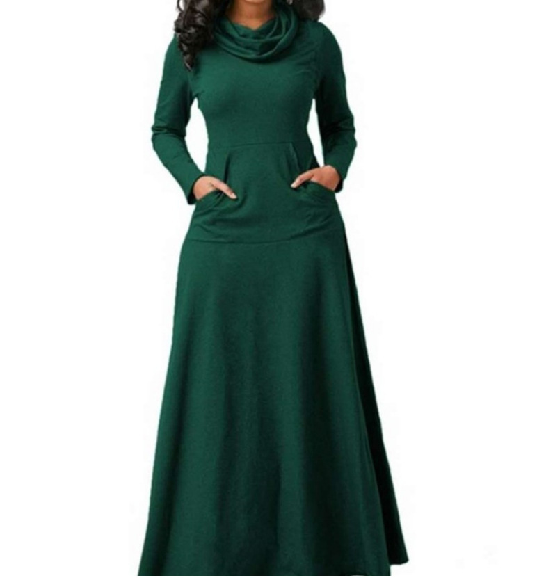 Autumn and Winter Clothing Women Dresses Stacked Collar Long Sleeves Maxi Dress With Pocket