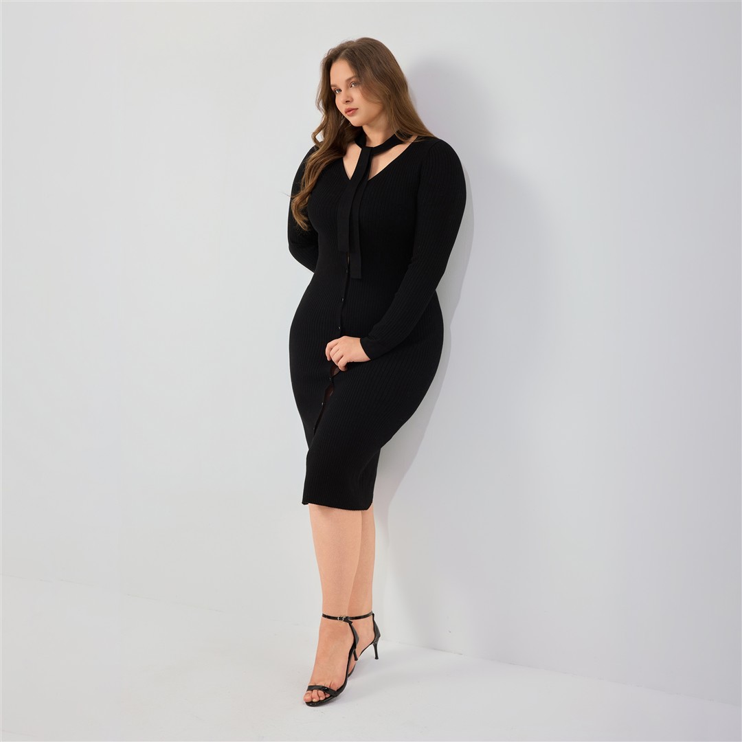 Custom Women Winter Clothes 2026 Spring Plus Size Viscose Rib Knit Dress Tie Neck Button Front Midi Length Chic Elegant Style