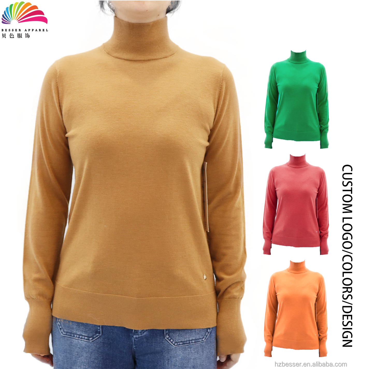 Factory Custom Merino Wool Turtleneck Base Layer Women's Knitted Long Sleeve Sweaters for Everyday