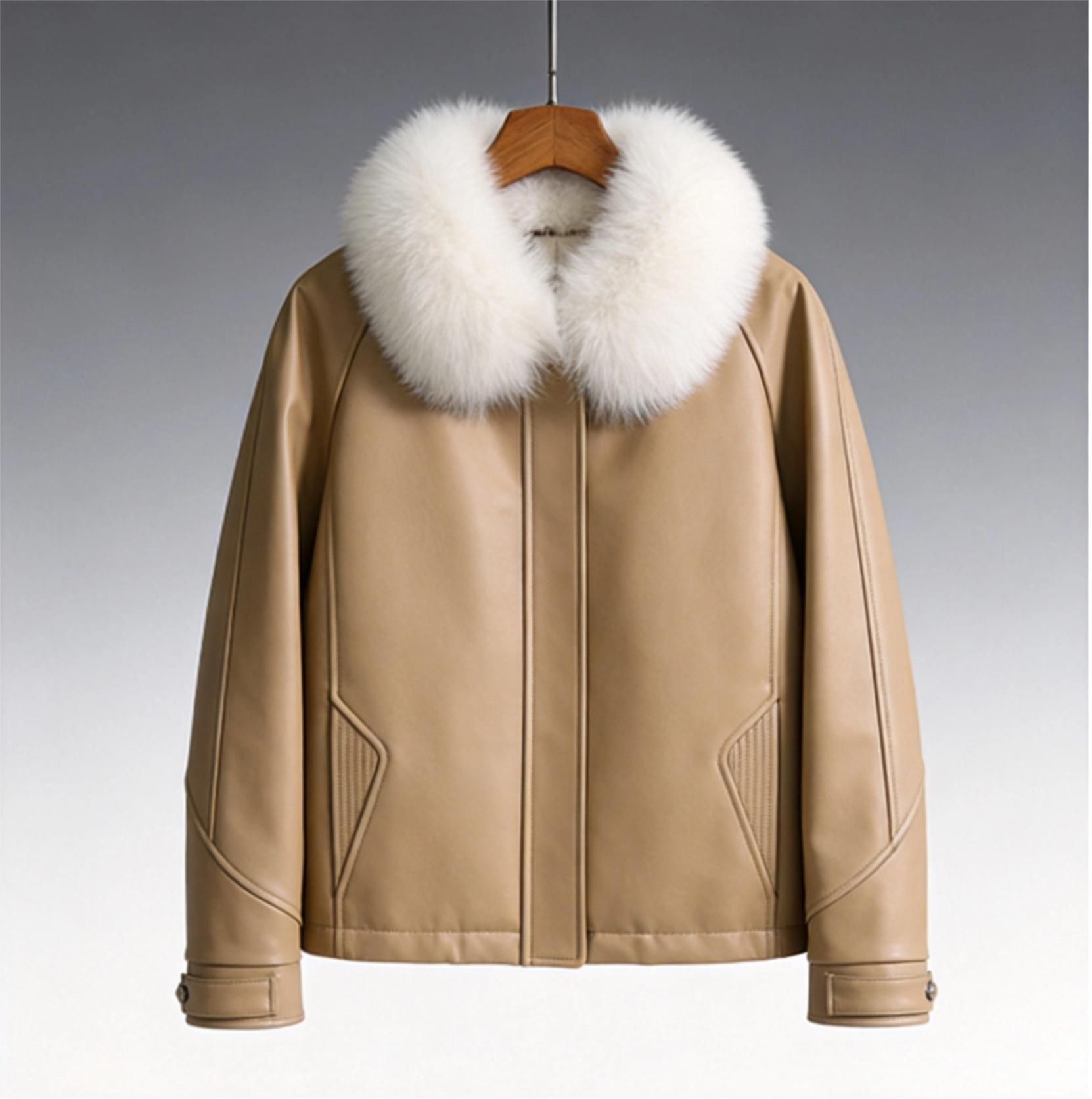 New Autumn Winter Natural Fox Fur Collar Leather Down Jacket, Women's Short Straight Slimming Puffer for Daily Wear