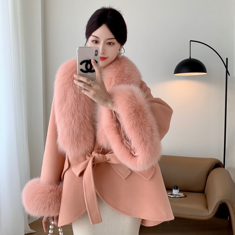 2024 Autumn Winter Collection Elegant Long Women's Overcoat Double-Sided Fox Fur Collar High-End Wool Cashmere Belt Elegant Cape